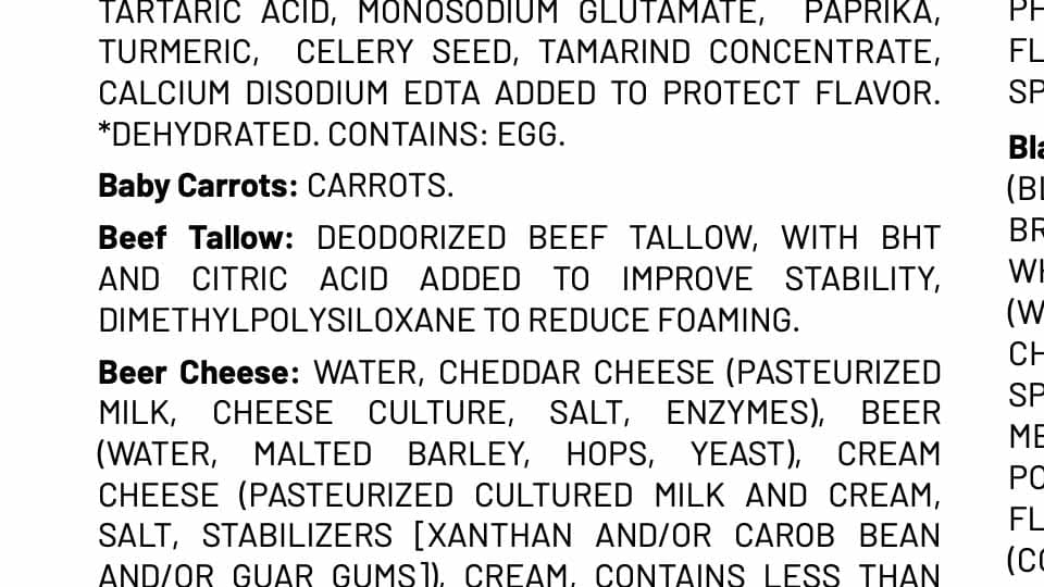 Ingredients list for beef tallow used at Buffalo Wild Wings